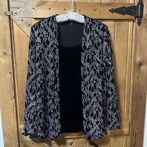 Vtg Notations Black Velvet Cardigan W Shirt Sparkles Sequin Long Sleeve Womens M